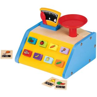   lupilu / PlayTive Junior Wooden Scales Set, 9 részes játék fa mérleg, működő rugós mérleggel és mutatóval, 8 db fa kártyával
