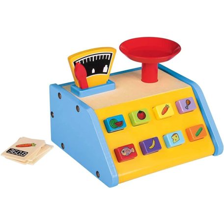 lupilu / PlayTive Junior Wooden Scales Set, 9 részes játék fa mérleg, működő rugós mérleggel és mutatóval, 8 db fa kártyával