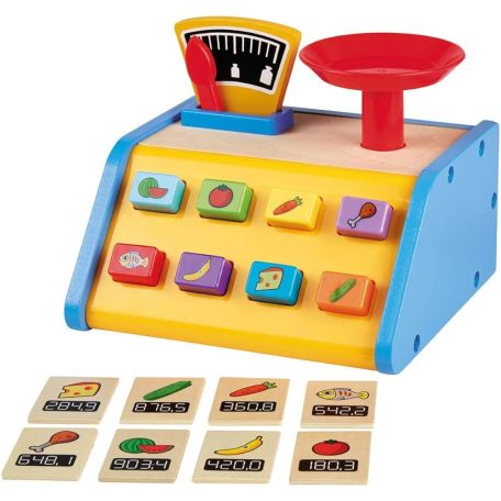 lupilu / PlayTive Junior Wooden Scales Set, 9 részes játék fa mérleg, működő rugós mérleggel és mutatóval, 8 db fa kártyával