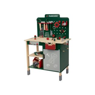   PlayTive ParkSide Fa játék munkapad, fából készült 74 részes játék szerelőasztal szerszámokkal és fúrógéppel (HG07512 Workbench)