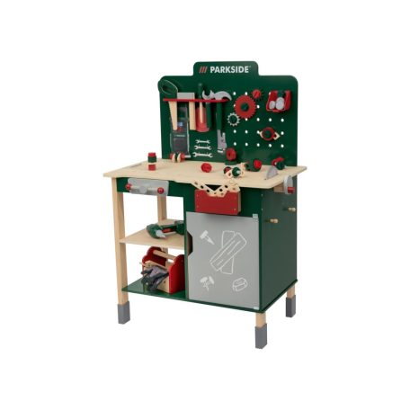 PlayTive ParkSide Fa játék munkapad, fából készült 74 részes játék szerelőasztal szerszámokkal és fúrógéppel (HG07512 Workbench)