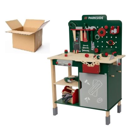 BCS - SÉRÜLT PlayTive ParkSide Fa játék munkapad, fából készült 74 részes játék szerelőasztal szerszámokkal és fúrógéppel (HG07512 Workbench), 1 db sérült elemmel