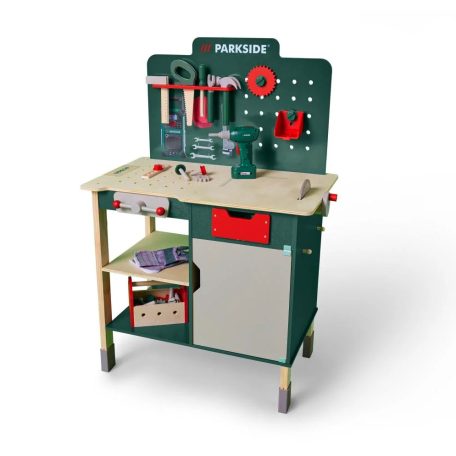 lupilu / PlayTive ParkSide Fa játék munkapad, fából készült 74 részes játék szerelőasztal szerszámokkal és fúrógéppel (HG07512 Workbench)