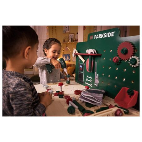 lupilu / PlayTive ParkSide Fa játék munkapad, fából készült 74 részes játék szerelőasztal szerszámokkal és fúrógéppel (HG07512 Workbench)