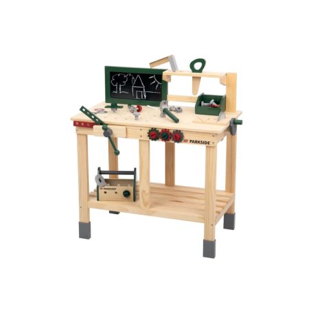 PlayTive ParkSide Mud Workbench fa játék kerti munkapad, fából készült 36 részes játék szerelőasztal szerszámokkal kültérre