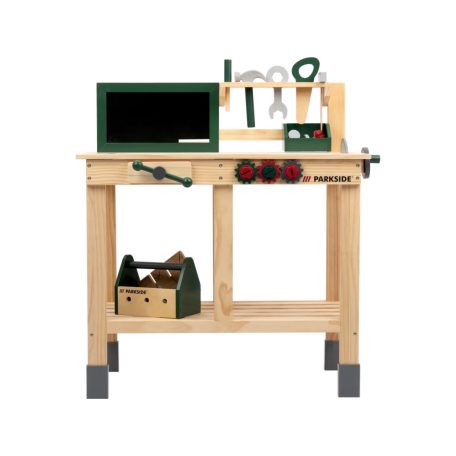 PlayTive ParkSide Mud Workbench fa játék kerti munkapad, fából készült 36 részes játék szerelőasztal szerszámokkal kültérre