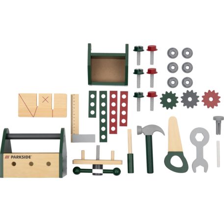 PlayTive ParkSide Mud Workbench fa játék kerti munkapad, fából készült 36 részes játék szerelőasztal szerszámokkal kültérre