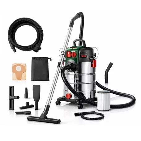 Parkside PWD 30 C1 30L 1500W inox (nemesacél) száraz - nedves porzsák nélküli porszívó, fúvó funkcióval és 2200W hálózati aljzattal szerszámgépekhez (PNTS 1500 D5 utódja)