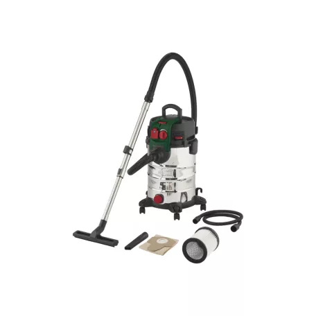 Parkside PWD 30 C1 30L 1500W inox (nemesacél) száraz - nedves porzsák nélküli porszívó, fúvó funkcióval és 2200W hálózati aljzattal szerszámgépekhez (PNTS 1500 D5 utódja)