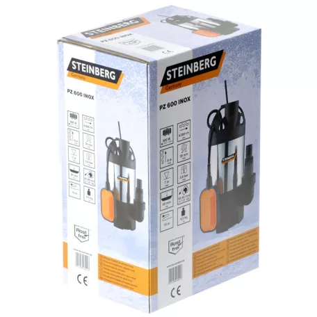 Steinberg PZ 600 inox nemesacél 600W úszókapcsolós kerti szivattyú, szennyvízszivattyú úszókapcsolóval 8.000 l/h