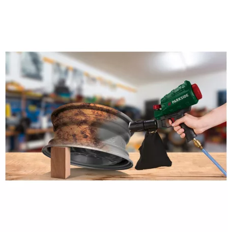 ParkSide PDSP 1000 E6 pneumatikus homokszóró, sűrített levegős homokfúvó pisztoly szemcsegyűjtővel