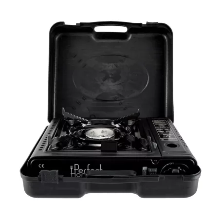 Perfect Home 17886 fekete gáz kempingfőző, mini gázpalackos mobil főzőeszköz, palackos kemping gázfőző, gázrezsó, gázzsámoly kofferben