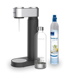   Philips GoZero inox Soda Maker ADD4902 fekete - inox prémium szódagép, házi szódakészítő 1 db CO2 patronnal és 1 db 0.9 literes palackkal (ADD4902BK/10)
