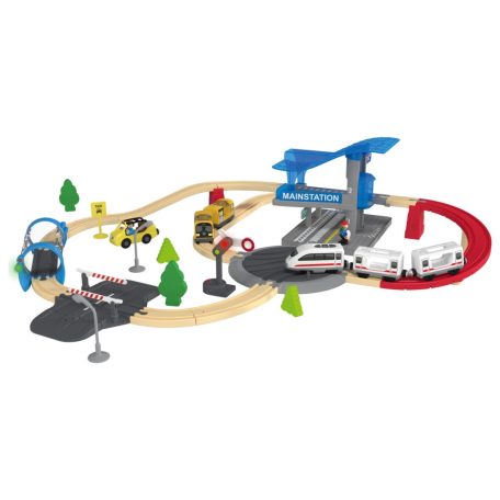 PlayTive City Express Városközpont 51 darabos fa vonat szett, favonat készlet akkus önjáró mozdonnyal 3.5 m