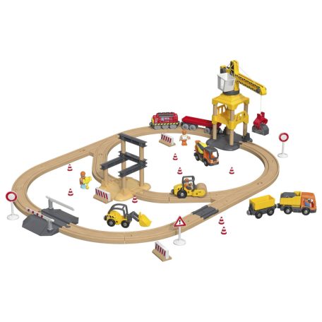 PlayTive Construction Site Train Set - Építkezés, 59 darabos fa vonat szett elemes mozdonnyal, munkagépekkel és daruval