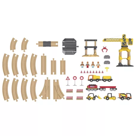 lupilu / PlayTive Construction Site Train Set - Építkezés, 59 darabos fa vonat szett, kreatív fejlesztő játék, elemes önjáró mozdonnyal, munkagépekkel és daruval, sok kiegészítővel