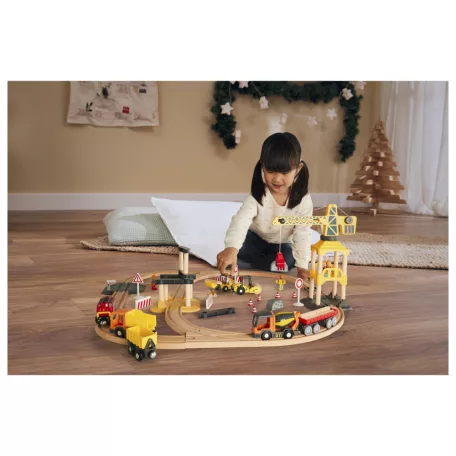 lupilu / PlayTive Construction Site Train Set - Építkezés, 59 darabos fa vonat szett, kreatív fejlesztő játék, elemes önjáró mozdonnyal, munkagépekkel és daruval, sok kiegészítővel