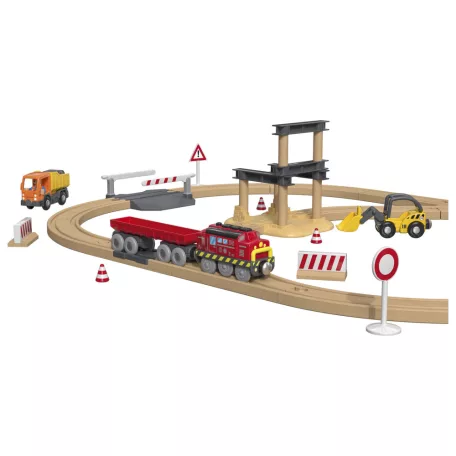 lupilu / PlayTive Construction Site Train Set - Építkezés, 59 darabos fa vonat szett, kreatív fejlesztő játék, elemes önjáró mozdonnyal, munkagépekkel és daruval, sok kiegészítővel