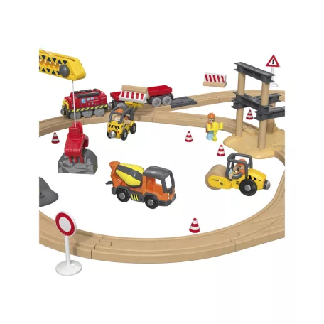 lupilu / PlayTive Construction Site Train Set - Építkezés, 59 darabos fa vonat szett, kreatív fejlesztő játék, elemes önjáró mozdonnyal, munkagépekkel és daruval, sok kiegészítővel
