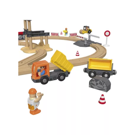 lupilu / PlayTive Construction Site Train Set - Építkezés, 59 darabos fa vonat szett, kreatív fejlesztő játék, elemes önjáró mozdonnyal, munkagépekkel és daruval, sok kiegészítővel