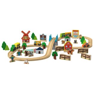   PlayTive Farm Wooden Train Set - 57 darabos falusi gazdaság fa vonat vasút szett, favonat készlet 2.7 méter