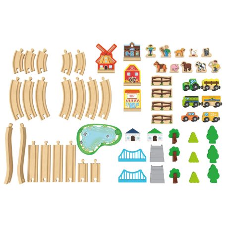 PlayTive Farm Wooden Train Set - 57 darabos falusi gazdaság fa vonat vasút szett, favonat készlet 2.7 méter