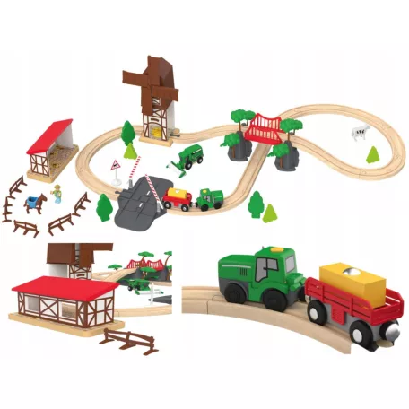 PlayTive Farm Train Set - 43 darabos parasztház / gazdaság 2.8 méter fa vonat vasút szett, favonat készlet elemes traktorral és elektromos tyúkketreccel