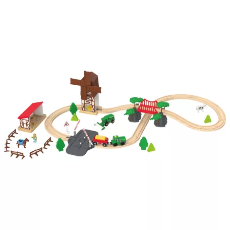 PlayTive Farm Train Set - 43 darabos parasztház / gazdaság 2.8 méter fa vonat vasút szett, favonat készlet elemes traktorral és elektromos tyúkketreccel