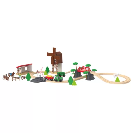 PlayTive Farm Train Set - 43 darabos parasztház / gazdaság 2.8 méter fa vonat vasút szett, favonat készlet elemes traktorral és elektromos tyúkketreccel