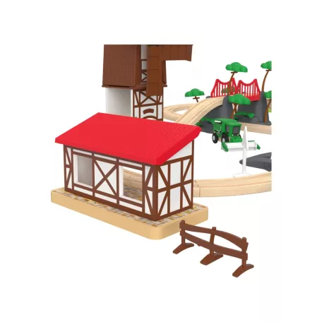 PlayTive Farm Train Set - 43 darabos parasztház / gazdaság 2.8 méter fa vonat vasút szett, favonat készlet elemes traktorral és elektromos tyúkketreccel