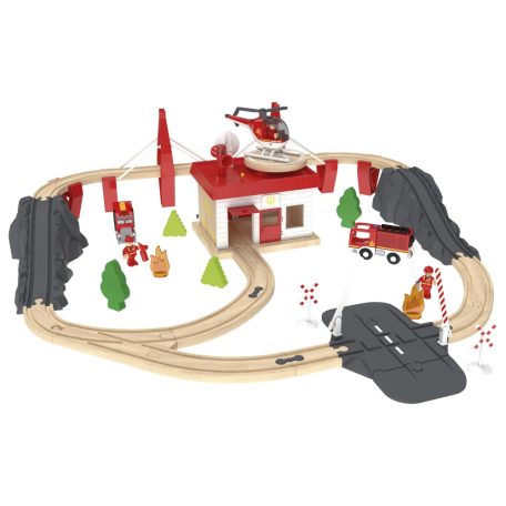 PlayTive Fire Brigade Train Set - 47 darabos Tűzoltóság fa vonat / vasút szett, favonat készlet