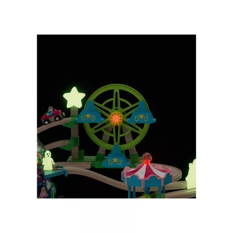PlayTive Glow Amusement Train Set 32 részes Vidámpark fa vonat szett 3 db mechanikus autóval, foszforeszkáló (sötétben világító) elemekkel
