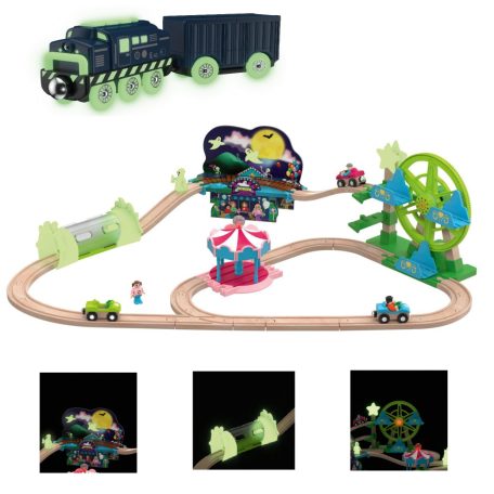 PlayTive Glow SZETT Amusement Train Set 35 részes Vidámpark fa vonat szett önjáró mozdonnyal + 3 db mechanikus autóval, foszforeszkáló (sötétben világító) elemekkel