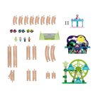 PlayTive Glow SZETT Amusement Train Set 35 részes Vidámpark fa vonat szett önjáró mozdonnyal + 3 db mechanikus autóval, foszforeszkáló (sötétben világító) elemekkel