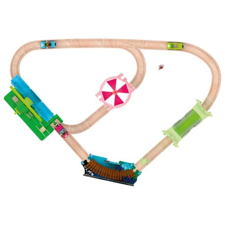 PlayTive Glow SZETT Amusement Train Set 35 részes Vidámpark fa vonat szett önjáró mozdonnyal + 3 db mechanikus autóval, foszforeszkáló (sötétben világító) elemekkel