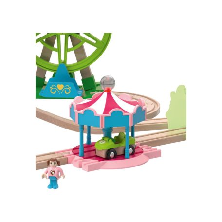 PlayTive Glow SZETT Amusement Train Set 35 részes Vidámpark fa vonat szett önjáró mozdonnyal + 3 db mechanikus autóval, foszforeszkáló (sötétben világító) elemekkel