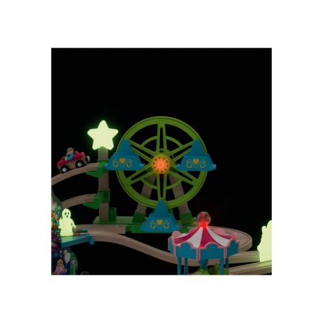 PlayTive Glow SZETT Amusement Train Set 35 részes Vidámpark fa vonat szett önjáró mozdonnyal + 3 db mechanikus autóval, foszforeszkáló (sötétben világító) elemekkel