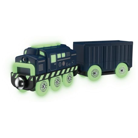 PlayTive Glow SZETT Amusement Train Set 35 részes Vidámpark fa vonat szett önjáró mozdonnyal + 3 db mechanikus autóval, foszforeszkáló (sötétben világító) elemekkel