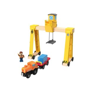   PlayTive Rakodódaru, 5 részes teherdaru készlet vonattla, utánfutóval és konténerrel fa vonat és autópálya szettekhez 