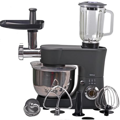 Qilive SM-20110 matt fekete 1000W multifunkciós konyhai robotgép, dagasztógép, 4.8 literes inox tállal, húsdarálóval és 1.5L turmix feltéttel (Q.5122) 