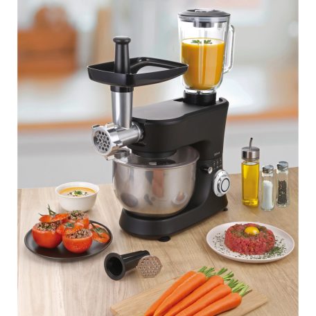 Qilive SM-20110 matt fekete 1000W multifunkciós konyhai robotgép, dagasztógép, 4.8 literes inox tállal, húsdarálóval és 1.5L turmix feltéttel (Q.5122) 