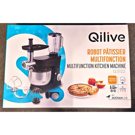 Qilive SM-20110 matt fekete 1000W multifunkciós konyhai robotgép, dagasztógép, 4.8 literes inox tállal, húsdarálóval és 1.5L turmix feltéttel (Q.5122) 