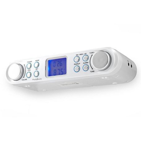 Nedis pult / polc alá szerelhető fehér konyhai rádió, FM / UKW mountable rádió LCD kijelzővel, 30 memóriával és ébresztő funkcióval
