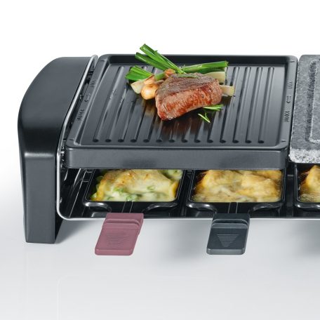 Severin RG9645 félkőlapos 1400W elektromos 8 személyes raclette grill, raklett grillsütő 42 x 21 cm osztott sütőlappal