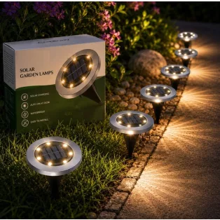   Tesco Outdoor SGL-6 talajba süllyeszthető, leszúrható 6 db inox szolár lámpa, nemesacél napelemes kerti lámpa 6 x 8 db melegfehér LED, 12 cm