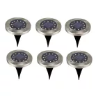 Tesco Outdoor SGL-6 talajba süllyeszthető, leszúrható 6 db inox szolár lámpa, nemesacél napelemes kerti lámpa 6 x 8 db melegfehér LED, 12 cm
