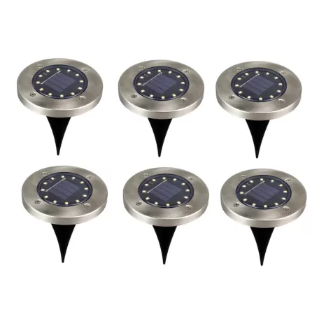 Tesco Outdoor SGL-6 talajba süllyeszthető, leszúrható 6 db inox szolár lámpa, nemesacél napelemes kerti lámpa 6 x 8 db melegfehér LED, 12 cm