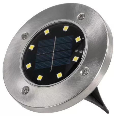 Tesco Outdoor SGL-6 talajba süllyeszthető, leszúrható 6 db inox szolár lámpa, nemesacél napelemes kerti lámpa 6 x 8 db melegfehér LED, 12 cm