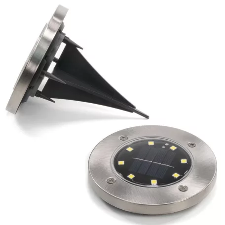 Tesco Outdoor SGL-6 talajba süllyeszthető, leszúrható 6 db inox szolár lámpa, nemesacél napelemes kerti lámpa 6 x 8 db melegfehér LED, 12 cm