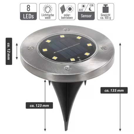 Tesco Outdoor SGL-6 talajba süllyeszthető, leszúrható 6 db inox szolár lámpa, nemesacél napelemes kerti lámpa 6 x 8 db melegfehér LED, 12 cm